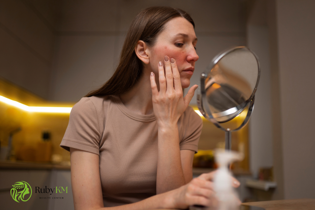 Woman examining sensitive, red skin on her face in a mirror
