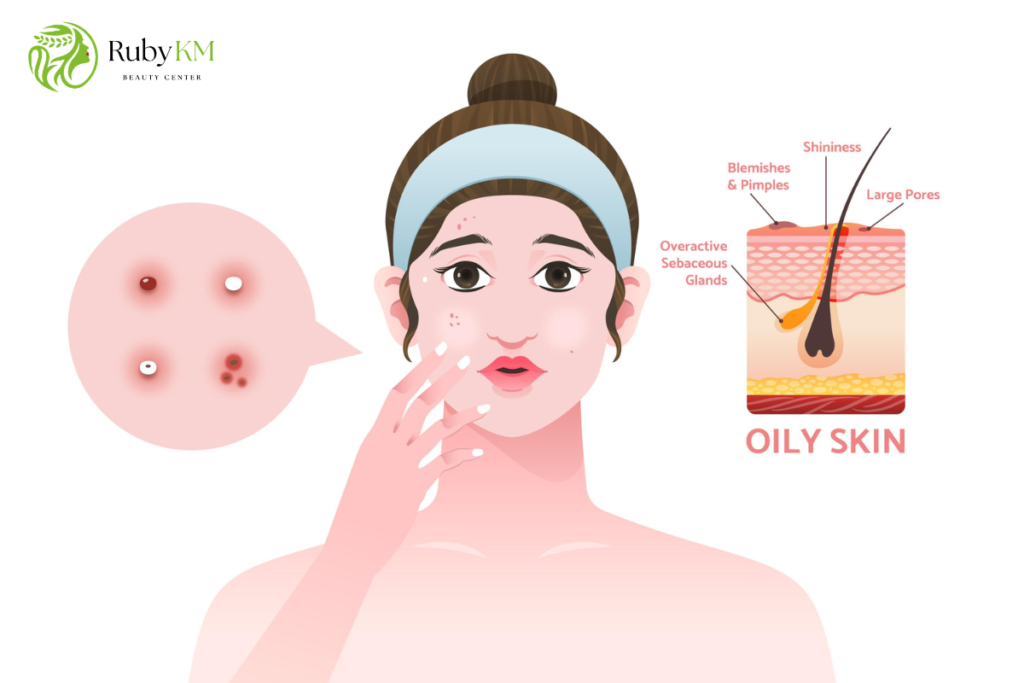 Oily skin with enlarged pores and blemishes associated with whitehead comedone formation