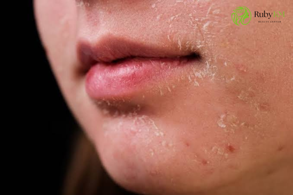 Close-up of dry skin with visible flaking around the mouth 